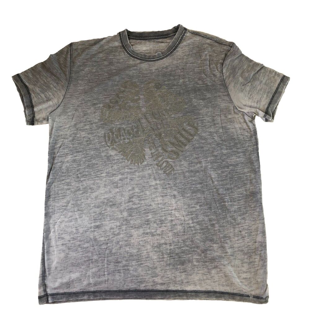 Lucky Brand Men’sVintage Burnout Graphic Tee Shirt Grey Four Leaf Clover Large
